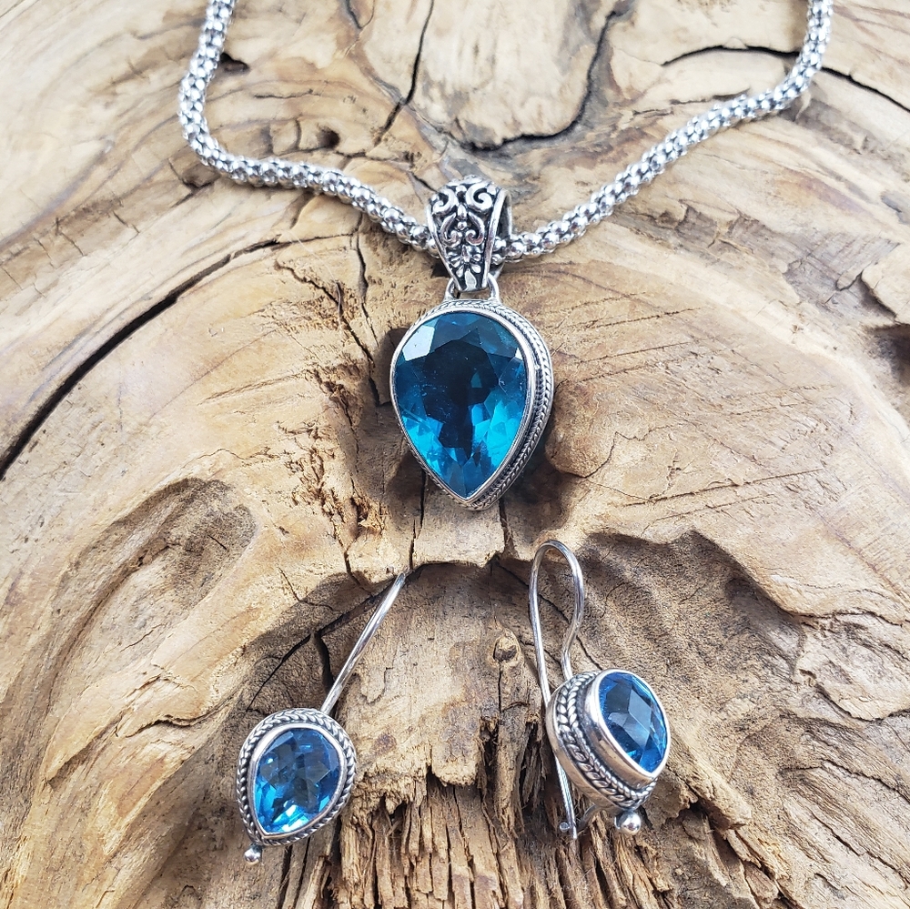 Sarda Topaz Swiss Blue Teardrop Sterling Silver .925 Necklace & Earring set